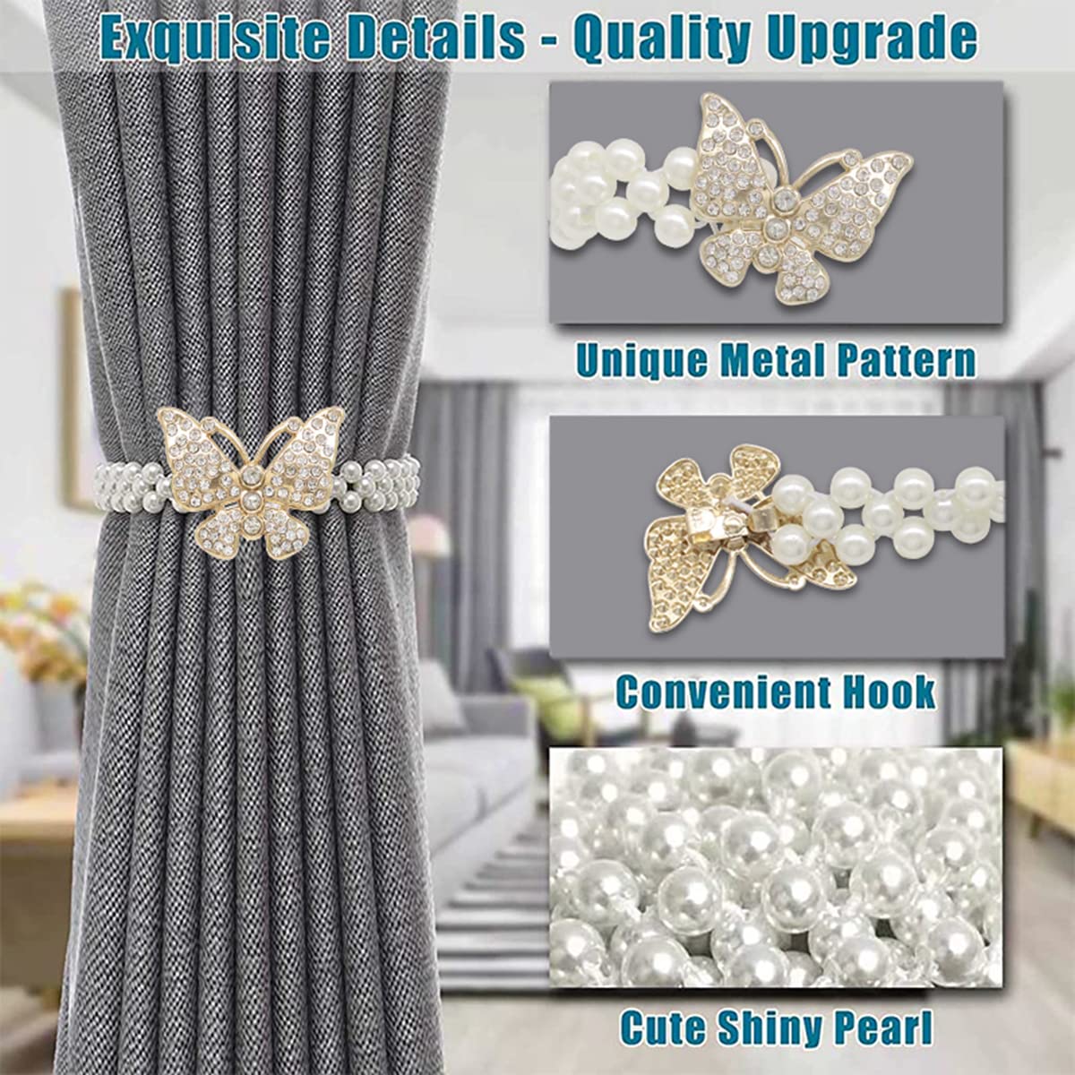 HASTHIP 2pcs Curtain Tie Backs Metal TieBacks with Classy Small Pearl Elastic Rope Curtain Holders Tieback for Home Office Hotel Window Drape Decor (Gold) HASTHIP 2pcs Curtain Tie Backs Metal TieBacks with Classy Small Pearl Elastic Rope Curtain Holders Tieback for Home Office Hotel Window Drape Decor (Gold)